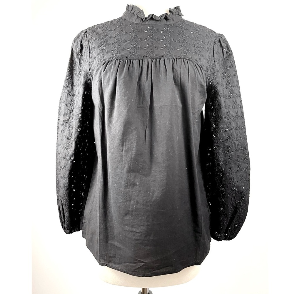 Madewell Black Ruffle Neck Eyelet Blouse XS